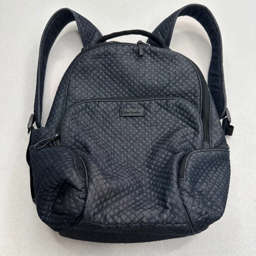 Vera Bradley Campus Navy Quilted Denim Backpack Floral Lining Travel Bag Floral